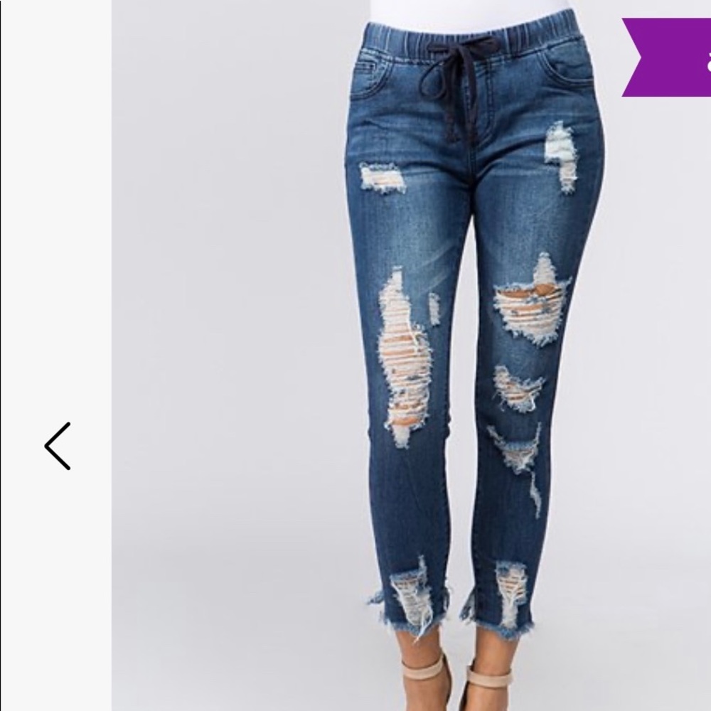 Denim Distressed Drawstring Crop Jeans, Sz 2